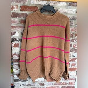 100% Cashmere Camel Sweater with Pink Stripes